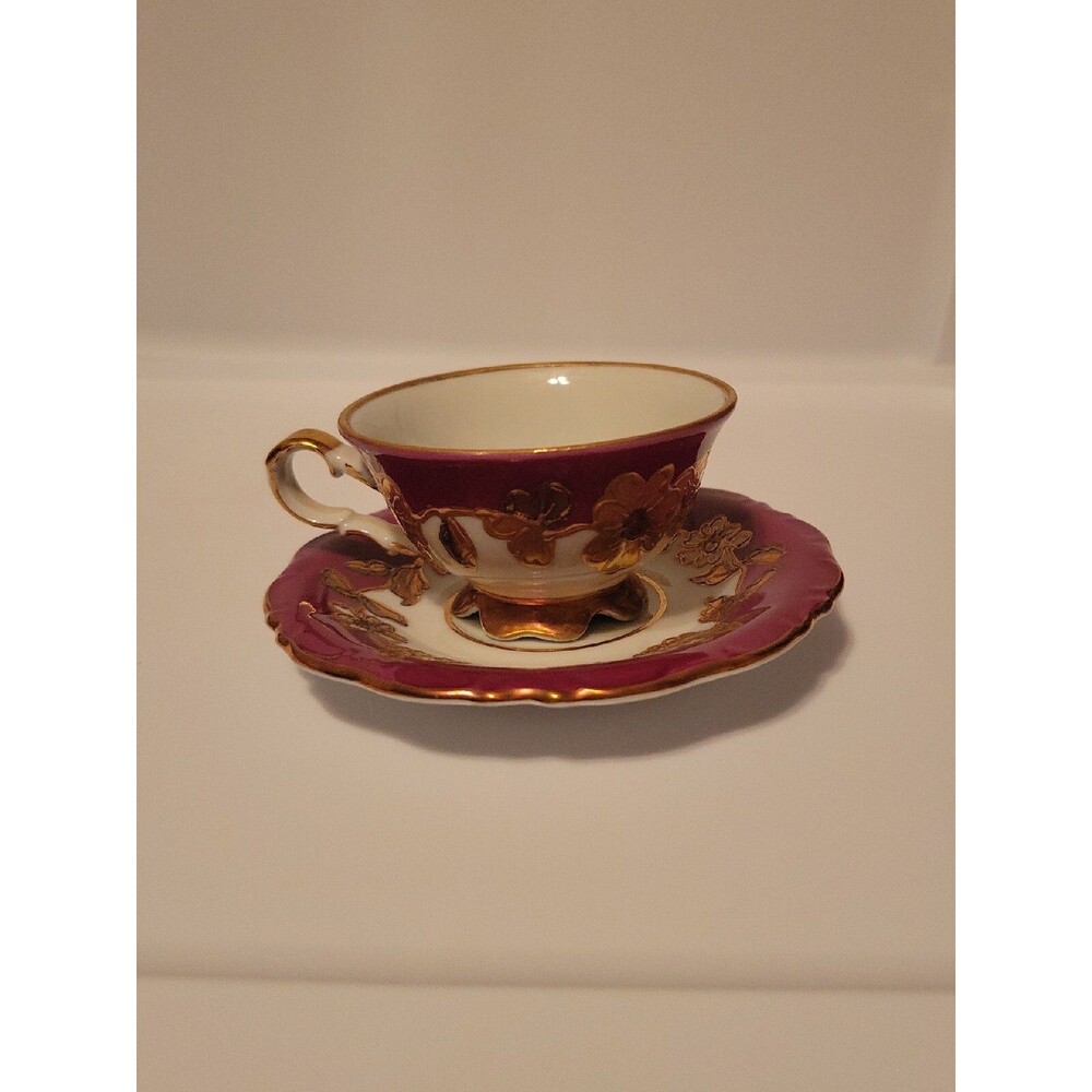 Waldershof Bavaria Handmalerei Burgundy 22KT Gold Demitasse Footed Cup Saucer 75